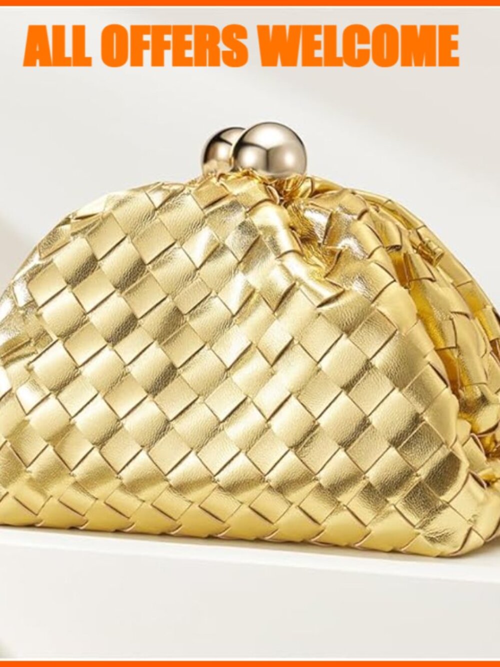 Faux Leather Woven Clutch Purse with Detachable Chain Strap